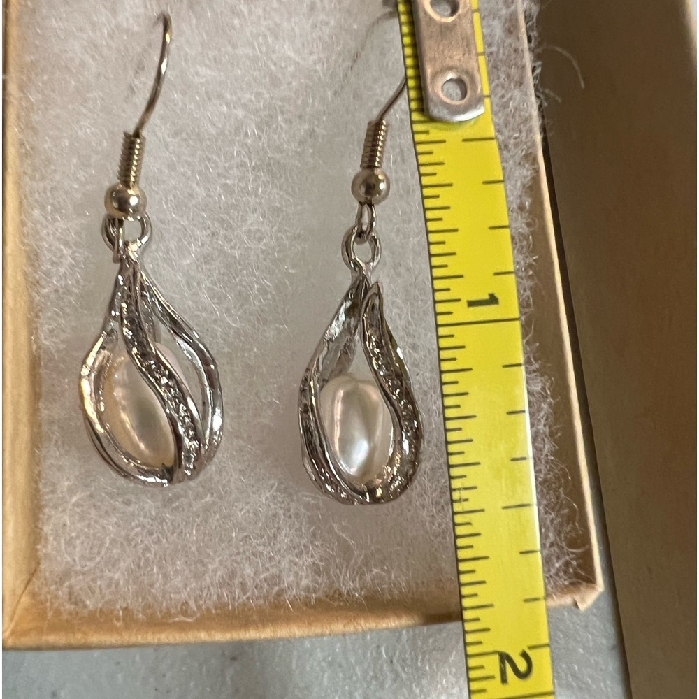 Freshwater Pearl Set Necklace Surrounded 18k Gold Plated Cage w white Sapphires - Picture 11 of 12